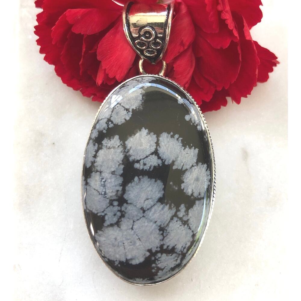 925 Sterling Snowflake Obsidian Round Pendant